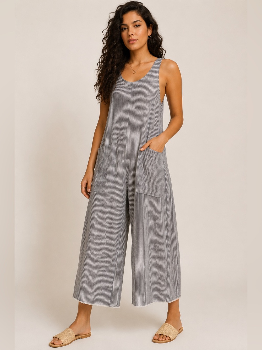 Max Studio Striped Wide Leg Jumpsuit Size M Gray White Sleeveless Pockets